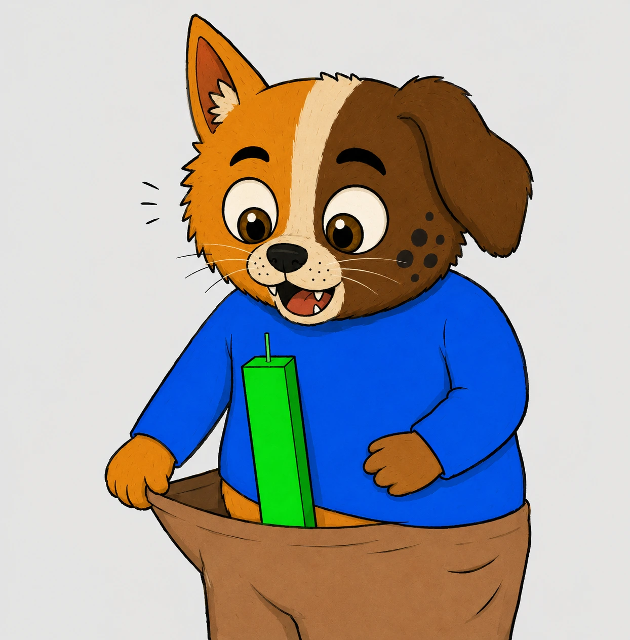 MEOG in a blue shirt looking at a green trading candle